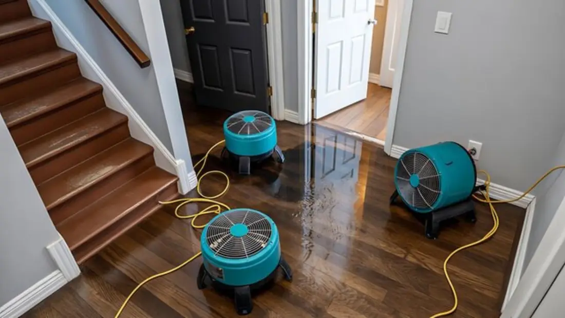 Three air movers drying a wood floor at the bottom of a staircase