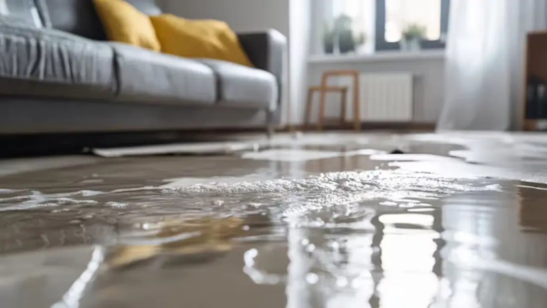 Floodwater across a living room floor with a sofa and window