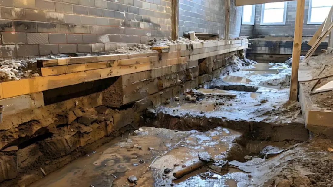 Exposed floor framing with damp debris below