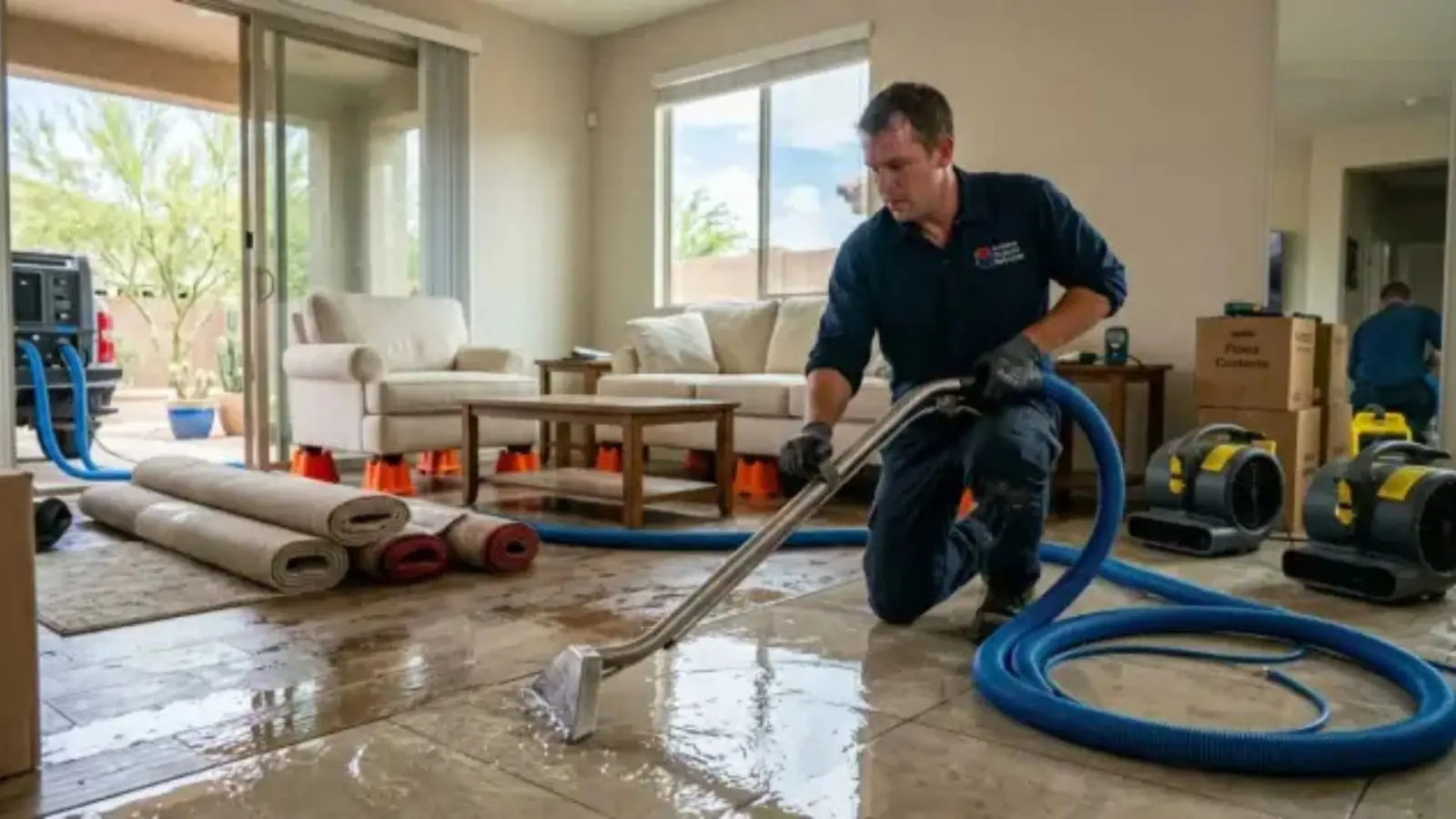 Technician extracting standing water from a living room floor with air movers running