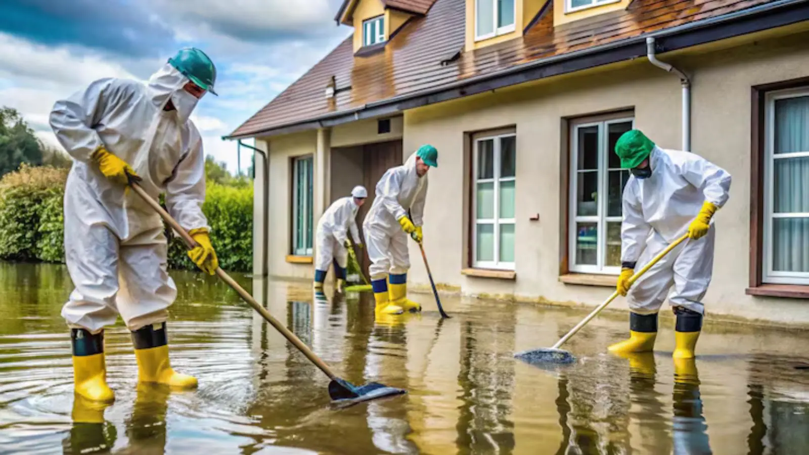 Crew in protective suits and boots squeegeeing floodwater beside a house
