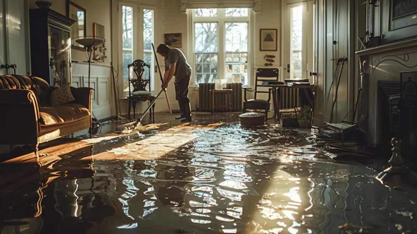 Worker mopping a sunlit parlor with water covering the floor