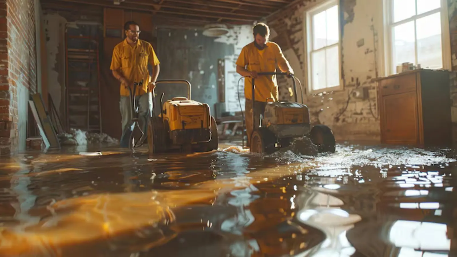 Two workers running extraction machines across a flooded basement floor