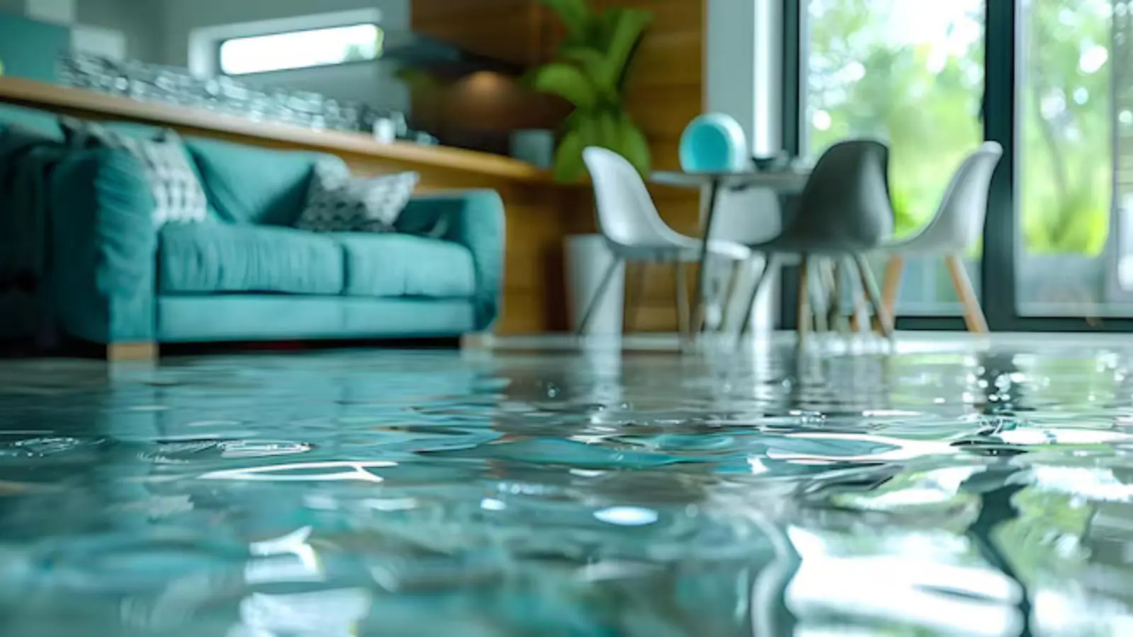 Teal sofa and dining chairs in a living room with water across the floor