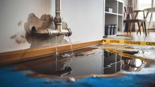 Burst pipe spraying water onto a wet floor with caution tape across it