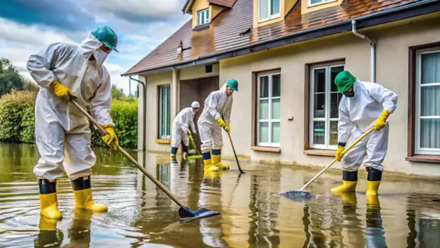 Crew in protective suits and boots squeegeeing floodwater beside a house