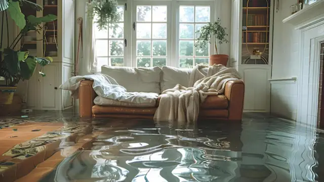 Flooded living room with an armchair and window