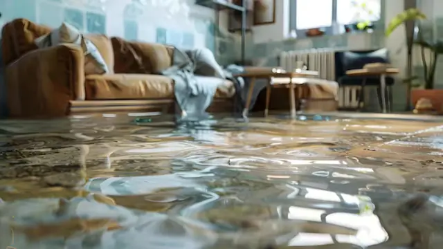 Living room floor covered in shallow water