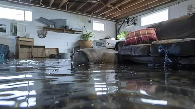 Finished basement with a sofa and water across the floor