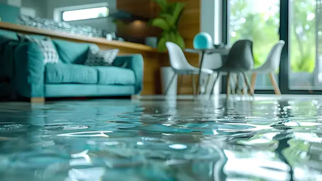Teal sofa and dining chairs in a living room with water across the floor