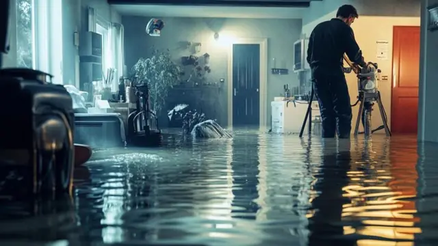 Technician setting up drying equipment in a flooded room